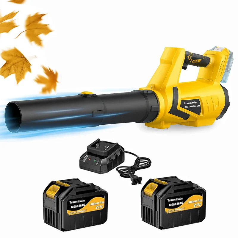 Akku Laubbläser mit 2× 6000mAh Akkus & Ladegerät, 5+1 Turbo-Stufen, 10 m³/min Luftvolumen, Bürstenloser Motor Elektrisches Laubbläser für Garten, Auto & Terrasse