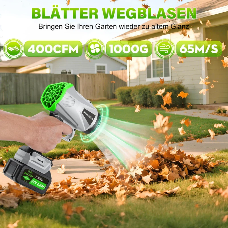 Akku Laubbläser, Handgebläse mit Turbostrahl 65m/s, 400CFM, Bürstenloser Motor, 2×4000mAh Akku, Leicht, Kabellos, Garten, Terrasse, Autoreinigung