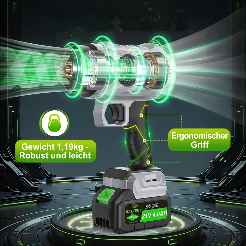 Akku Laubbläser, Handgebläse mit Turbostrahl 65m/s, 400CFM, Bürstenloser Motor, 2×4000mAh Akku, Leicht, Kabellos, Garten, Terrasse, Autoreinigung