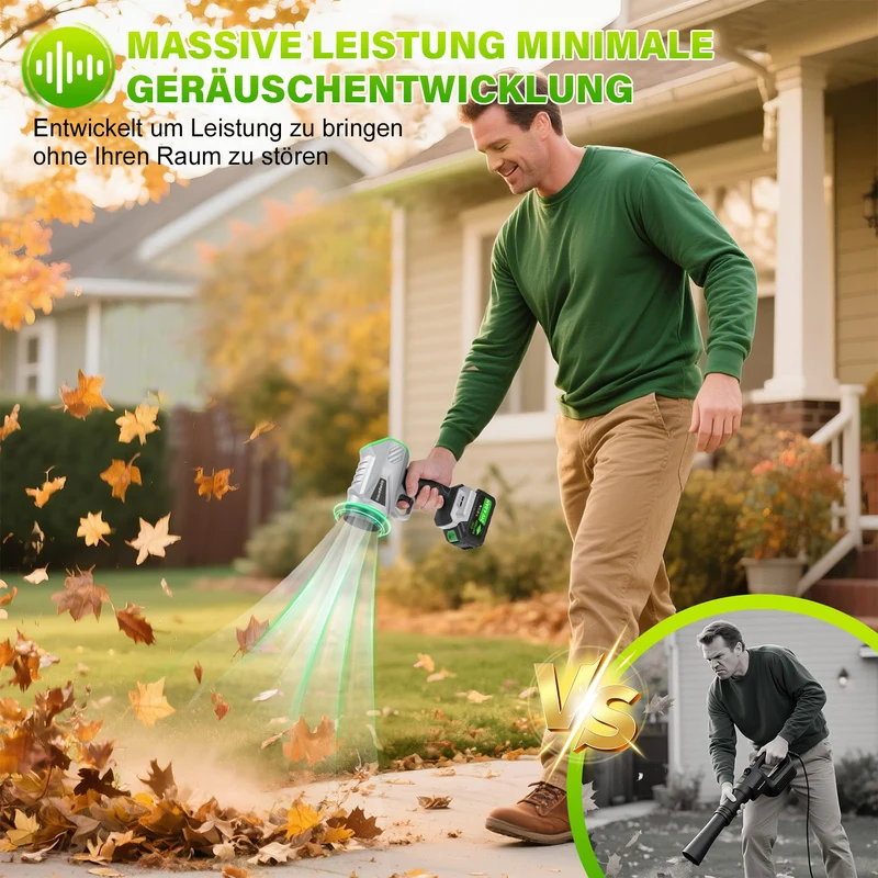 Akku Laubbläser, Handgebläse mit Turbostrahl 65m/s, 400CFM, Bürstenloser Motor, 2×4000mAh Akku, Leicht, Kabellos, Garten, Terrasse, Autoreinigung