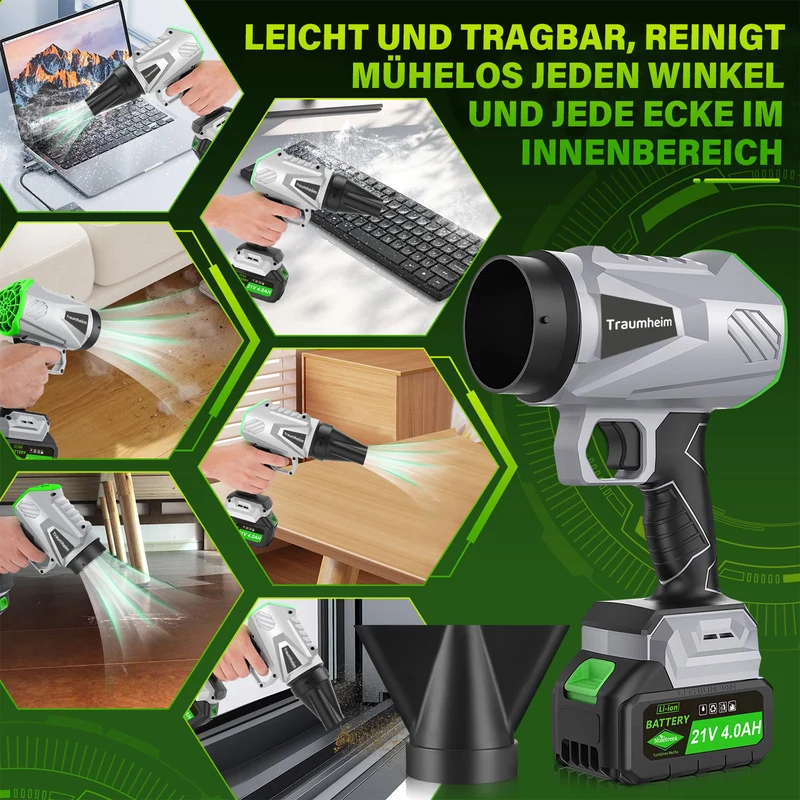 Akku Laubbläser, Handgebläse mit Turbostrahl 65m/s, 400CFM, Bürstenloser Motor, 2×4000mAh Akku, Leicht, Kabellos, Garten, Terrasse, Autoreinigung