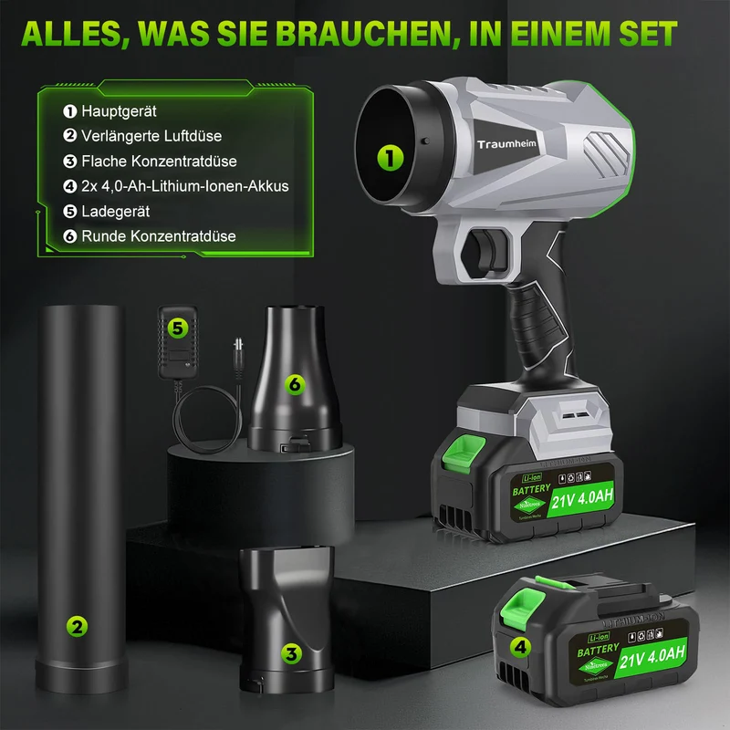 Akku Laubbläser, Handgebläse mit Turbostrahl 65m/s, 400CFM, Bürstenloser Motor, 2×4000mAh Akku, Leicht, Kabellos, Garten, Terrasse, Autoreinigung