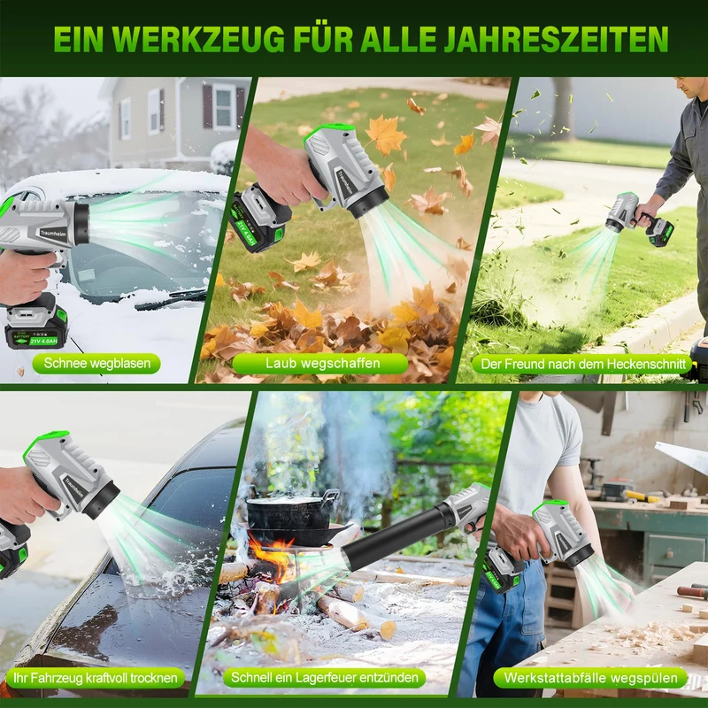 Akku Laubbläser, Handgebläse mit Turbostrahl 65m/s, 400CFM, Bürstenloser Motor, 2×4000mAh Akku, Leicht, Kabellos, Garten, Terrasse, Autoreinigung