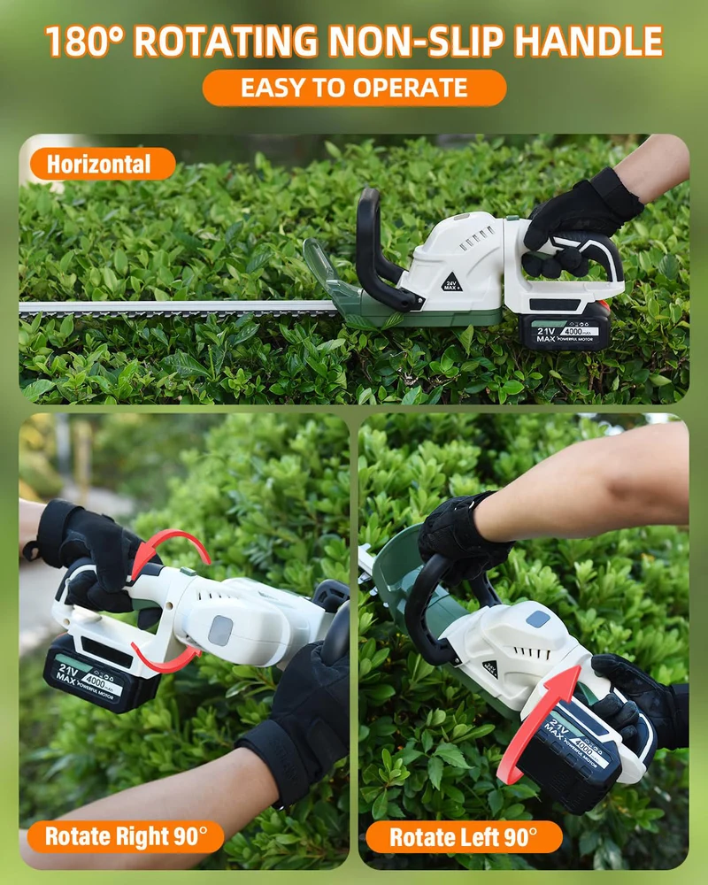 Akku Heckenschere, Elektrische Heckenschere, 20 Zoll Schneidbreite, 180° drehbarer Kopf, Leichtgewicht, 2 Akkus, 3/4 Zoll Aststärke, Kabellos