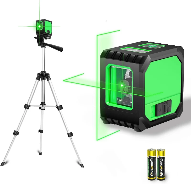 Kreuzlinienlaser mit Stativ, 2-Linien Laser Level Grüne Laser Kreuzlinie, Selbstnivellierung, IP54 Wasserdicht, mit 2 Batterien Laser-Wasserwaage