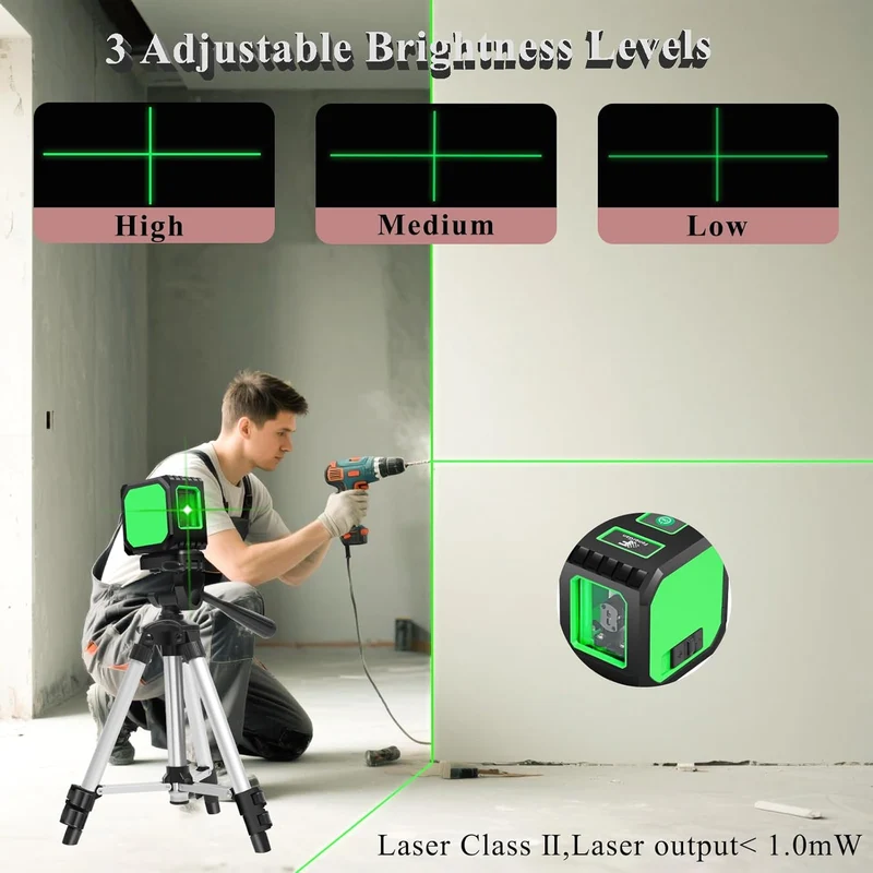 Kreuzlinienlaser mit Stativ, 2-Linien Laser Level Grüne Laser Kreuzlinie, Selbstnivellierung, IP54 Wasserdicht, mit 2 Batterien Laser-Wasserwaage