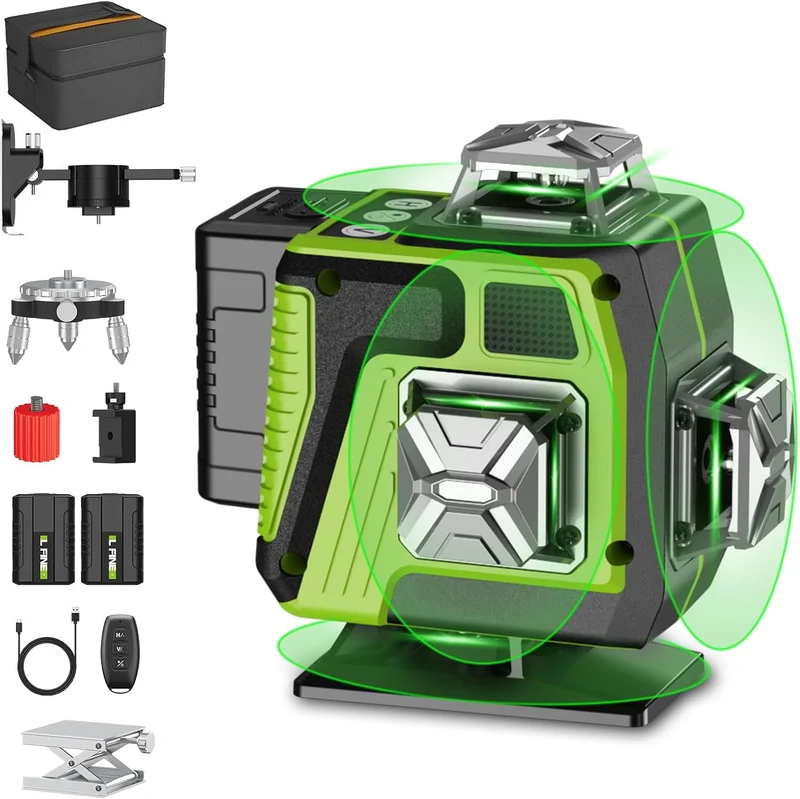 Kreuzlinienlaser profi 4D Laser Level 16 Lines, Grünes 360º Rotationslaser, Selbstnivellierend, Neigungsmodus & zwei Batterien, für Bau & Heimwerken