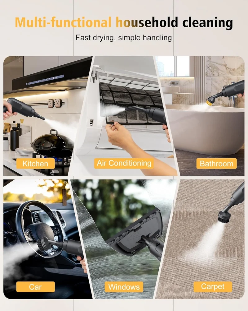2500W Dampfreiniger, 1600ML großer Tank, 3 Bar tragbarer Handdampfreiniger, 3 einstellbare Dampfmenge, 13 Zubehör-Dampfgarer für Zuhause Küche Auto