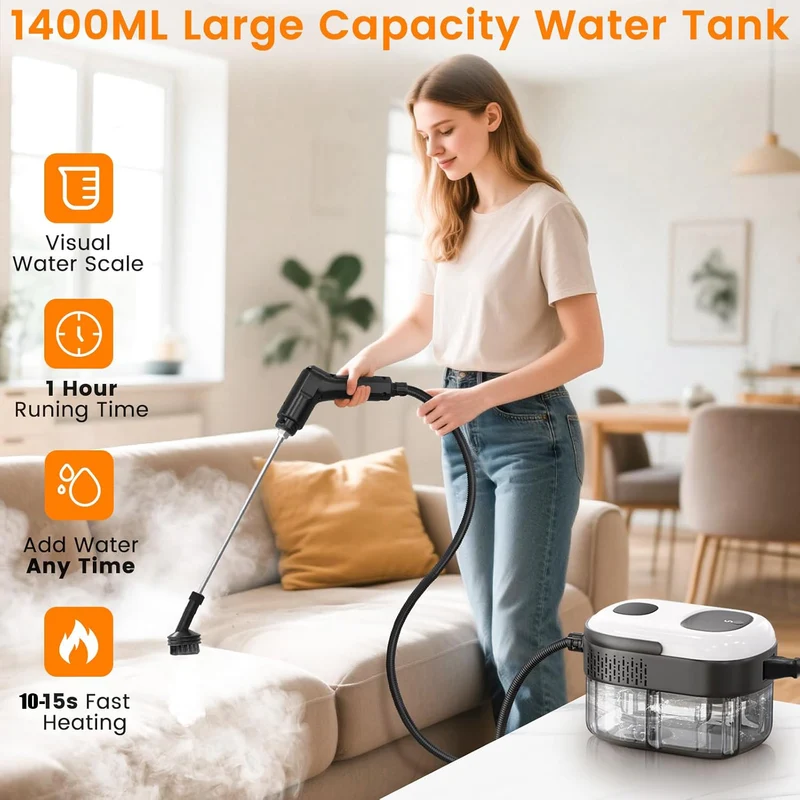 3 Gängen und 18 Zubehörsätze 10-Sekunden-Schnellaufheizung und 1400ML Tank 1500W 3 bar Dampfreiniger mit 1.5m langem Netzkabel Polstermöbelreiniger