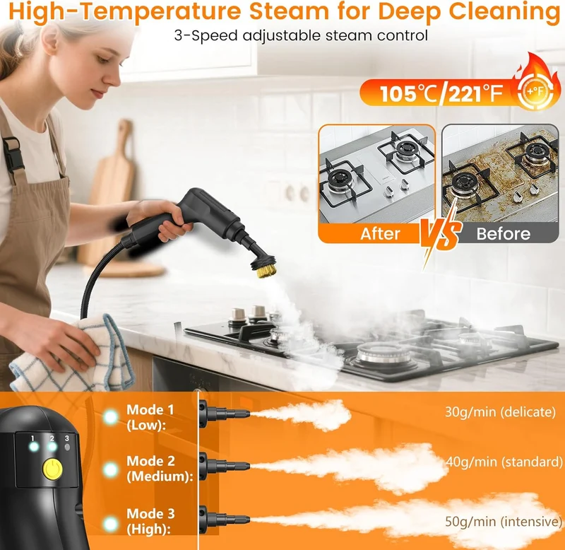 3 Gängen und 18 Zubehörsätze 10-Sekunden-Schnellaufheizung und 1400ML Tank 1500W 3 bar Dampfreiniger mit 1.5m langem Netzkabel Polstermöbelreiniger