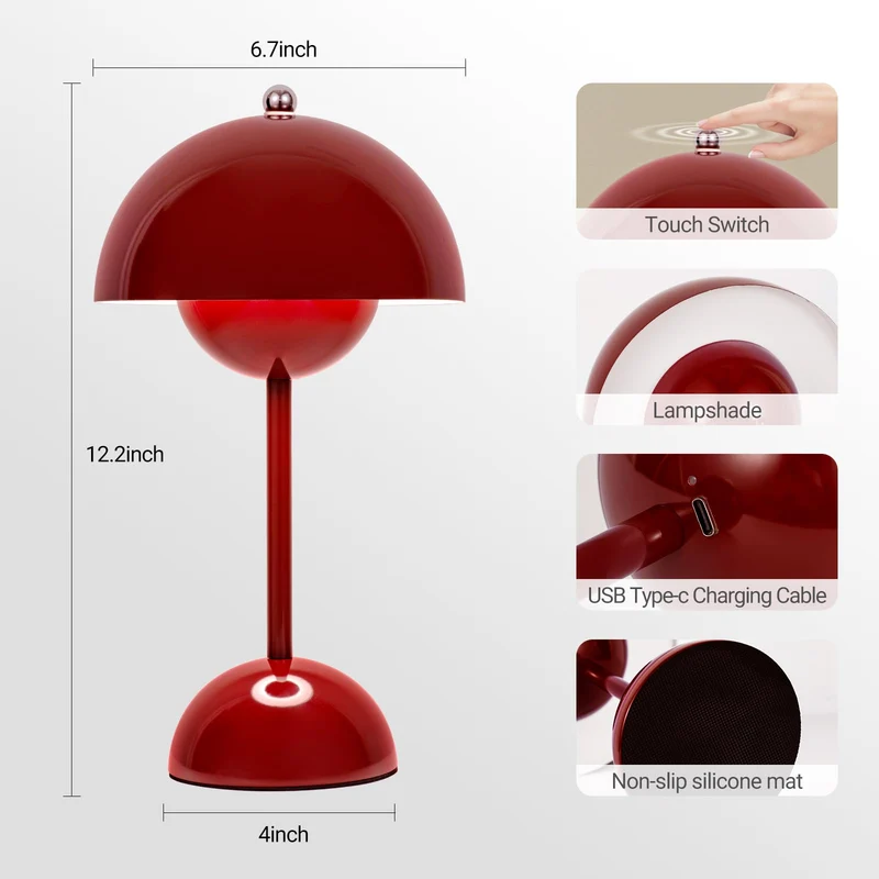 Kabellos Nachttischlampen,LED Tischlampe,Touch Dimmbare kuppelförmige Tischleuchte,3 Lichtfarben Pilzlampe,Schreibtischlampe,Dekotischlampe,Rot