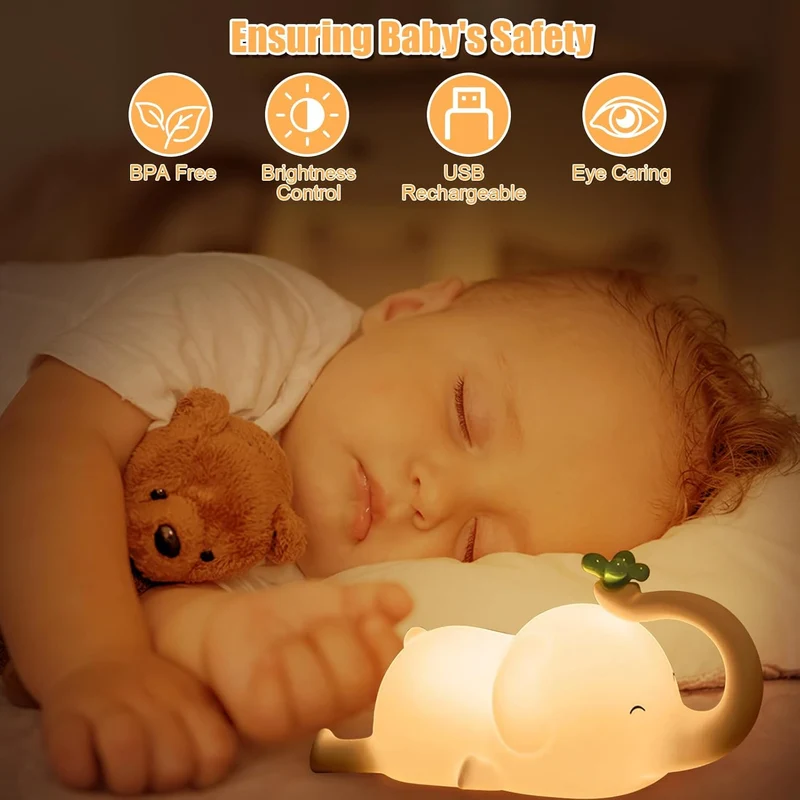 Nachtlicht Kinder,Elefant Nachtlicht Baby Stilllicht Dimmbar,Silikon Touch Nachttischlampe Kinder Mit Timer,USB Aufladbare,Baby Geschenk Junge Mädchen