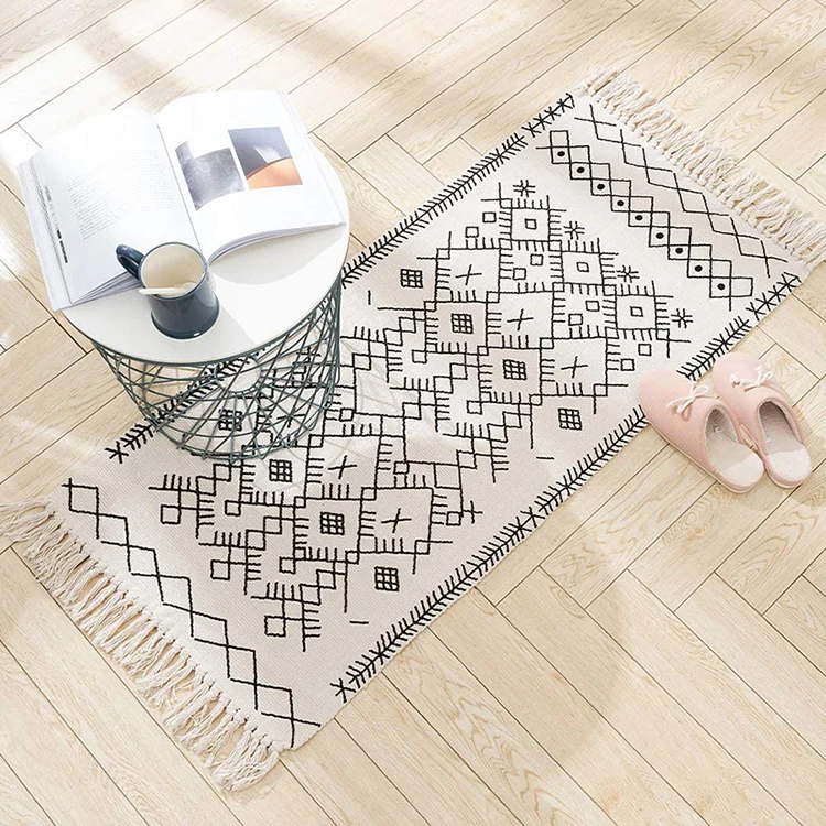 Flachgewebter Eingangs- und Wohnzimmer-Teppich mit marokkanischem Diamant-Jacquard und dekorativen Fransen Karnz