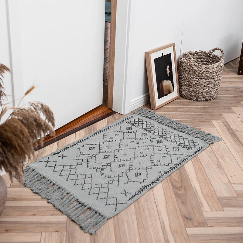 Flachgewebter Eingangs- und Wohnzimmer-Teppich mit marokkanischem Diamant-Jacquard und dekorativen Fransen Karnz