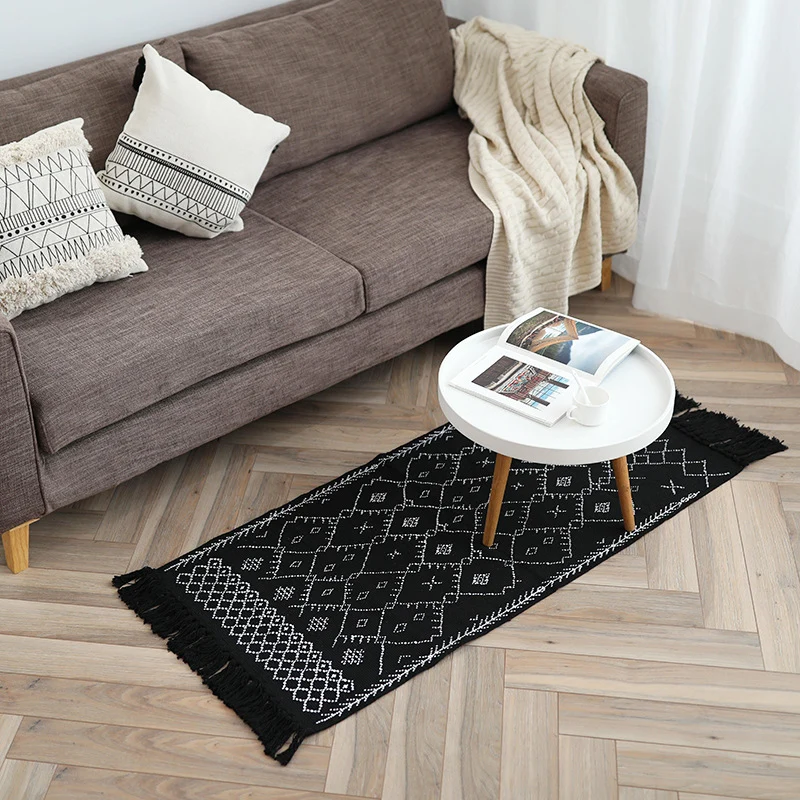 Flachgewebter Eingangs- und Wohnzimmer-Teppich mit marokkanischem Diamant-Jacquard und dekorativen Fransen Karnz