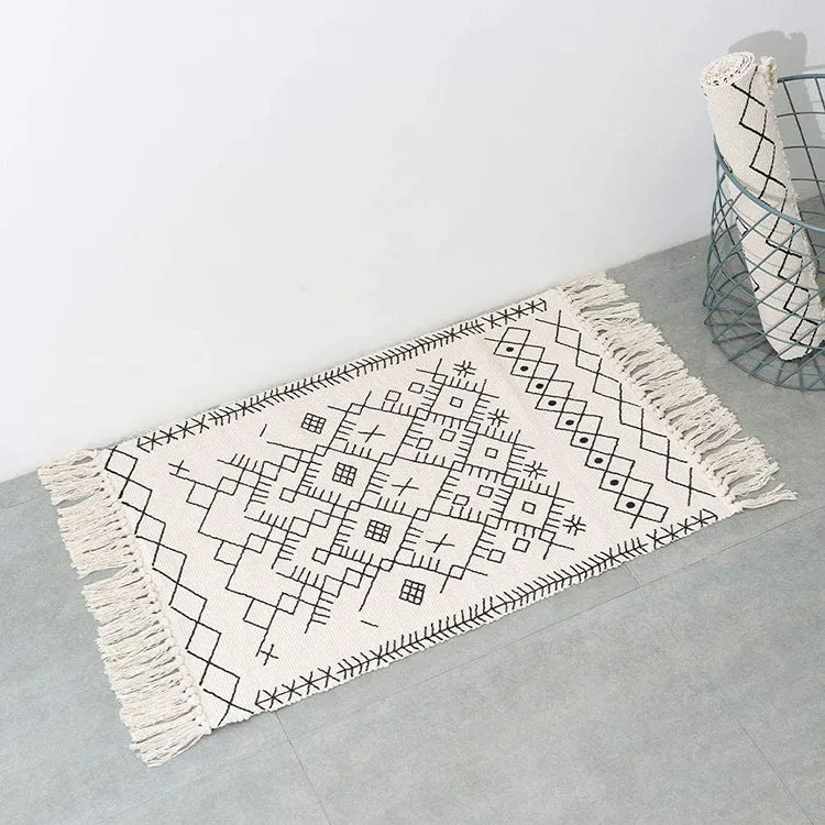 Flachgewebter Eingangs- und Wohnzimmer-Teppich mit marokkanischem Diamant-Jacquard und dekorativen Fransen Karnz
