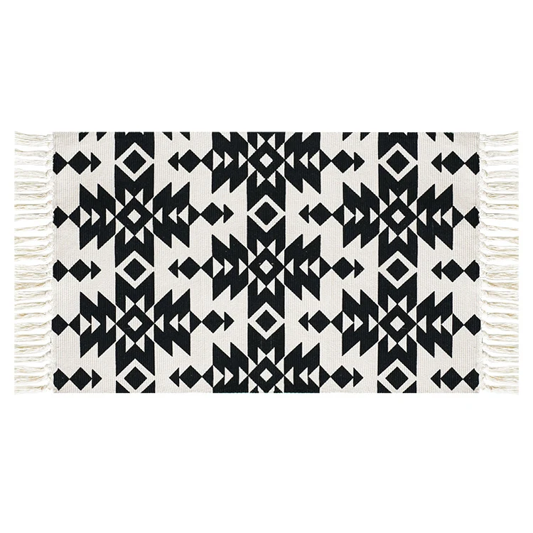 Flachgewebter Baumwollläufer mit mediterranem Kachel‑Jacquard und dekorativen Fransen Karnz