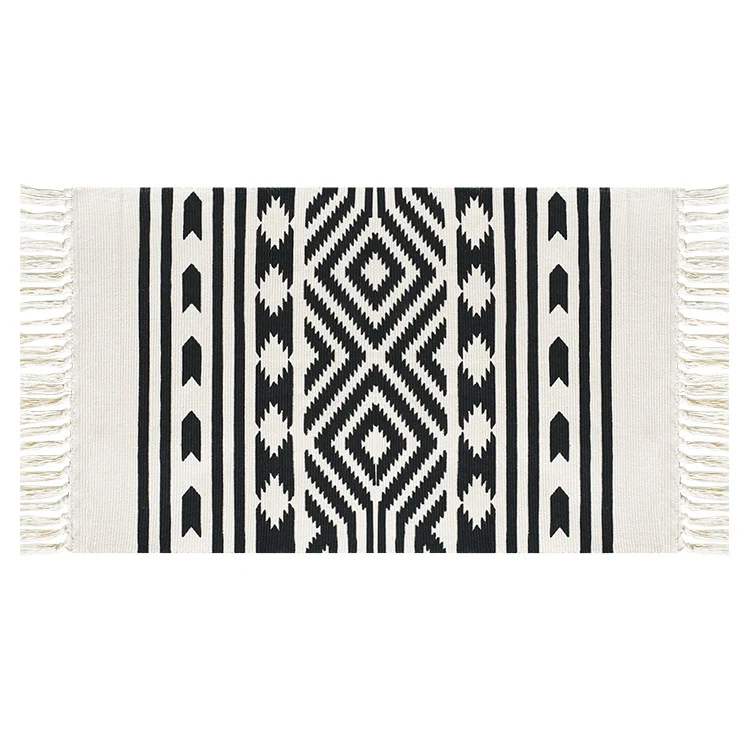 Flachgewebter Baumwollläufer mit mediterranem Kachel‑Jacquard und dekorativen Fransen Karnz