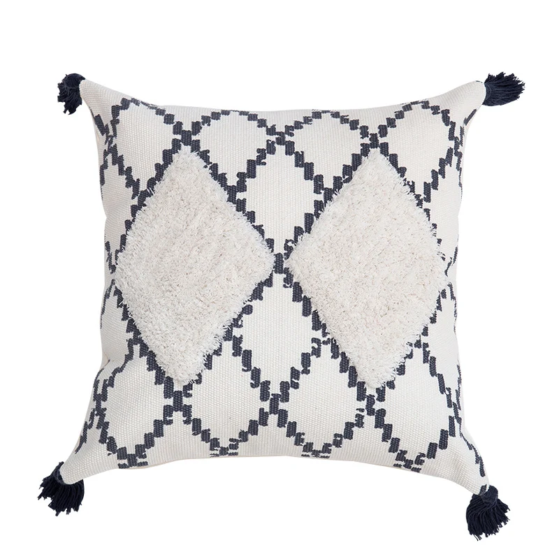 Dekorativer Boho-Kissenbezug mit handtuftetem Diamant‑Relief, Quasten und gewebtem Baumwollmix Karnz