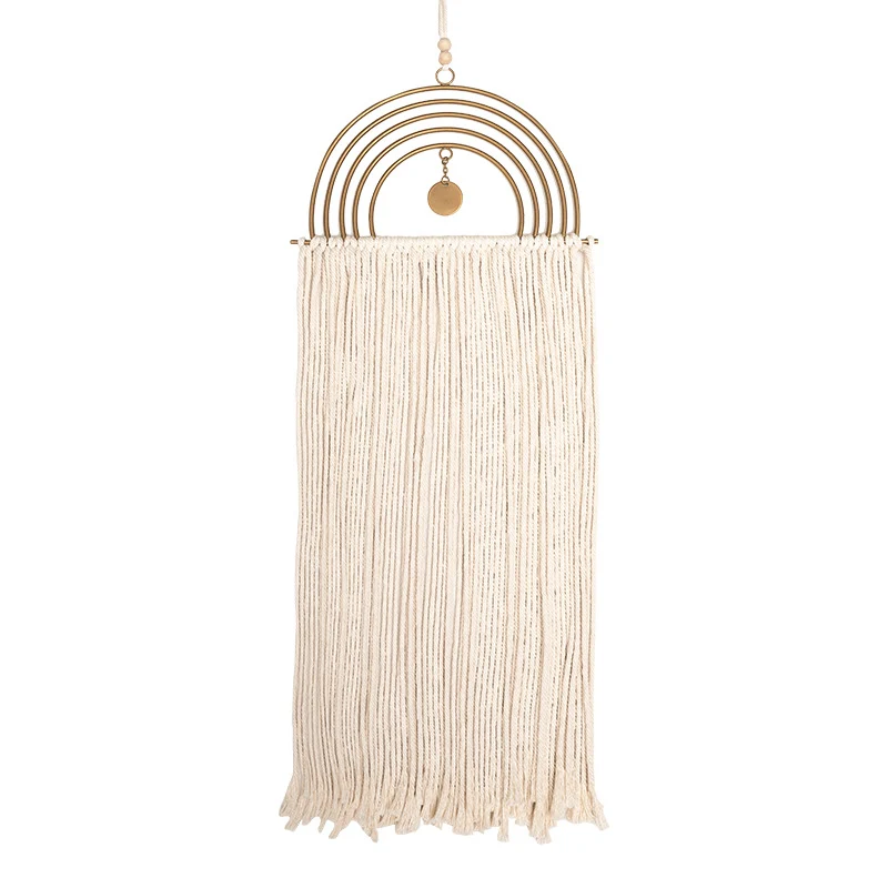Boho-Makramee-Wandbehang mit Halbkreis-Metallrahmen und langen Fransen Karnz