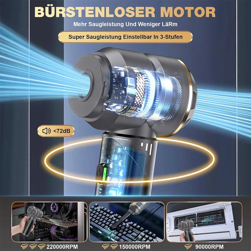 Handstaubsauger Akku 4-in-1,Auto Staubsauger ,25000PA Handstaubsauger Kabellos,3-Gang Bürstenlos staubsauger für Auto,PC,Sofa,Haus& Tierhaar Reinigung