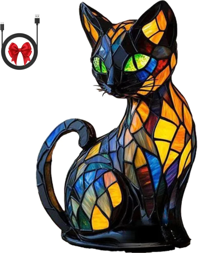 Katzen Lampe, Katzenlampe Mosaik, Nachttischlampe, USB Nachtlicht Katze mehrfarbig, vintage buntglas lampe, Bedside lamp, Schlafzimmer Deko Geschenk