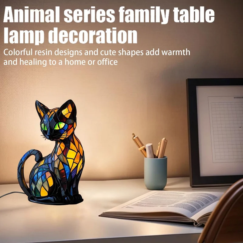 Katzen Lampe, Katzenlampe Mosaik, Nachttischlampe, USB Nachtlicht Katze mehrfarbig, vintage buntglas lampe, Bedside lamp, Schlafzimmer Deko Geschenk