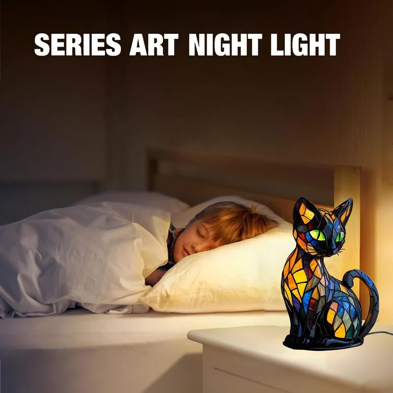Katzen Lampe, Katzenlampe Mosaik, Nachttischlampe, USB Nachtlicht Katze mehrfarbig, vintage buntglas lampe, Bedside lamp, Schlafzimmer Deko Geschenk