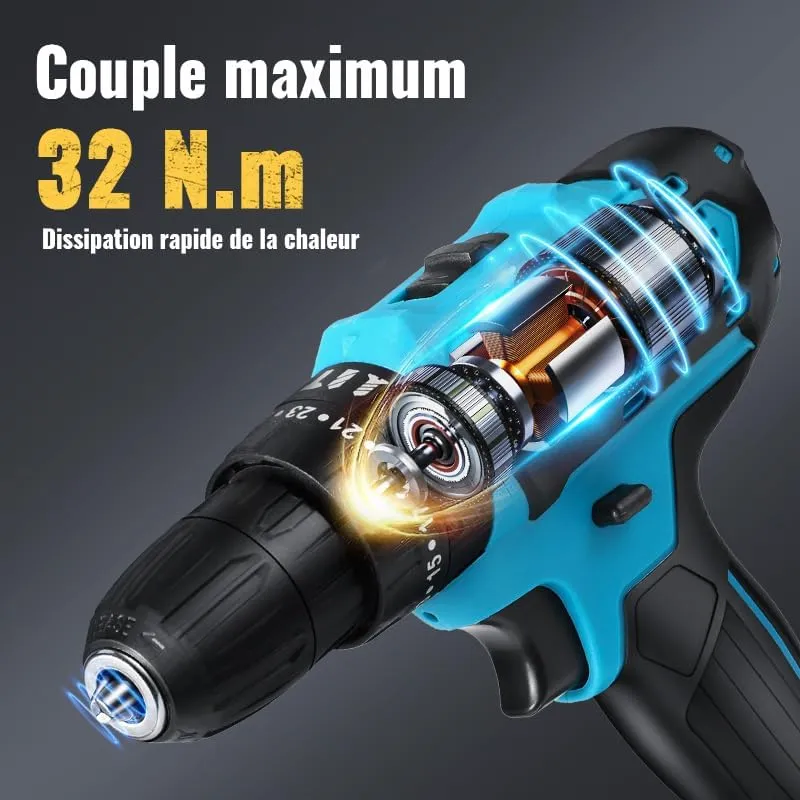 21V Akkuschrauber Set, Akku Bohrmaschine, Akku Bohrschrauber Set mit 2 Akkus und 24 Zubehöre, 25+3 Drehmoment, 2 Geschwindigkeiten, LED-Licht
