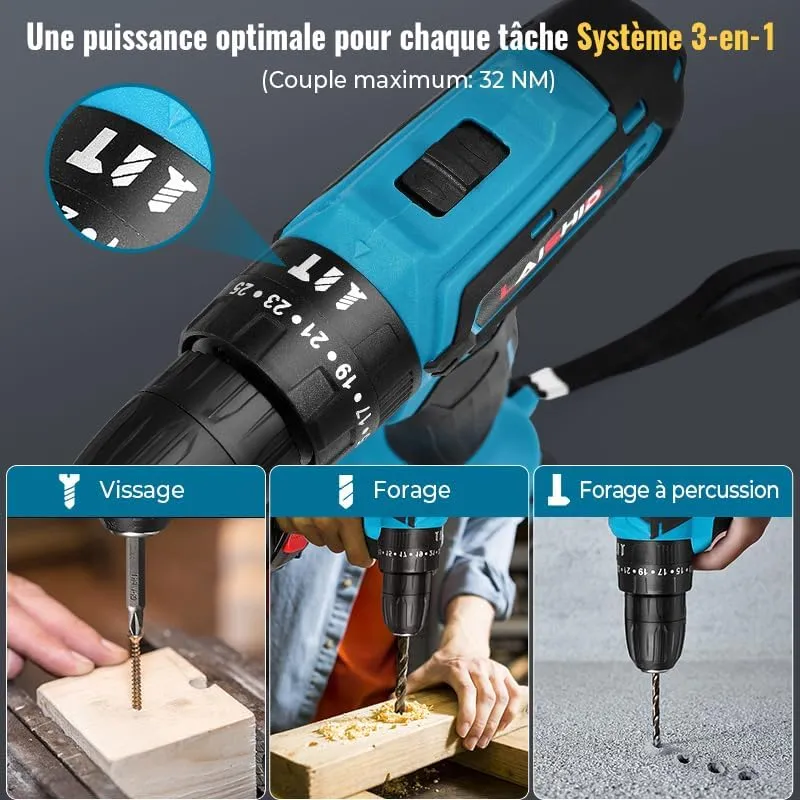 21V Akkuschrauber Set, Akku Bohrmaschine, Akku Bohrschrauber Set mit 2 Akkus und 24 Zubehöre, 25+3 Drehmoment, 2 Geschwindigkeiten, LED-Licht
