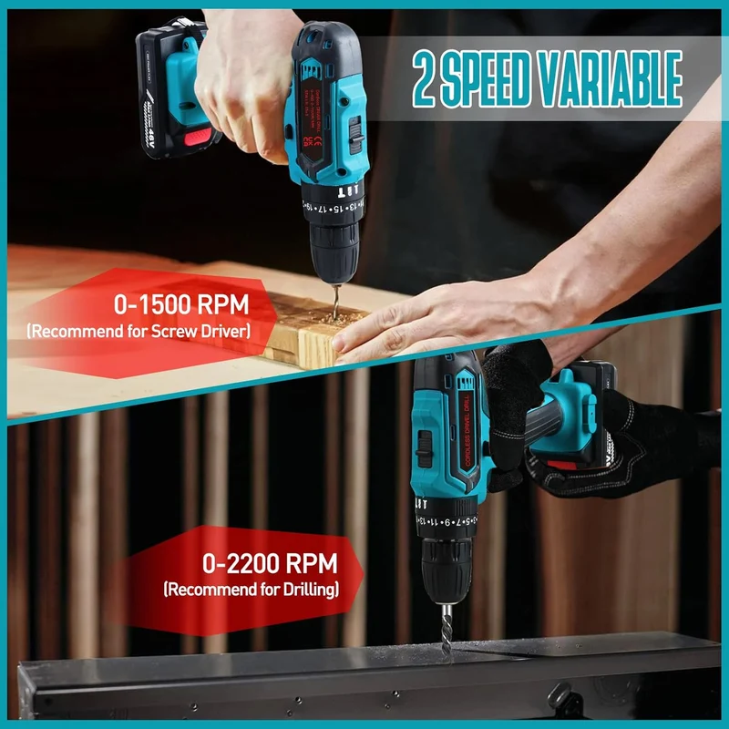 21V Akkuschrauber Set, Akku Bohrmaschine, Akku Bohrschrauber Set mit 2 Akkus und 24 Zubehöre, 25+3 Drehmoment, 2 Geschwindigkeiten, LED-Licht