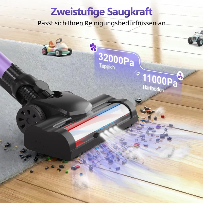 Akku Staubsauger, 500W/32000Pa Staubsauger kabellos mit HEPA ,45 Min, kabelloser Staubsauger,Anti-Tangle-Staubsauger