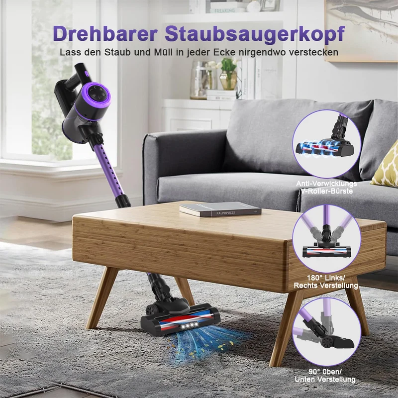Akku Staubsauger, 500W/32000Pa Staubsauger kabellos mit HEPA ,45 Min, kabelloser Staubsauger,Anti-Tangle-Staubsauger