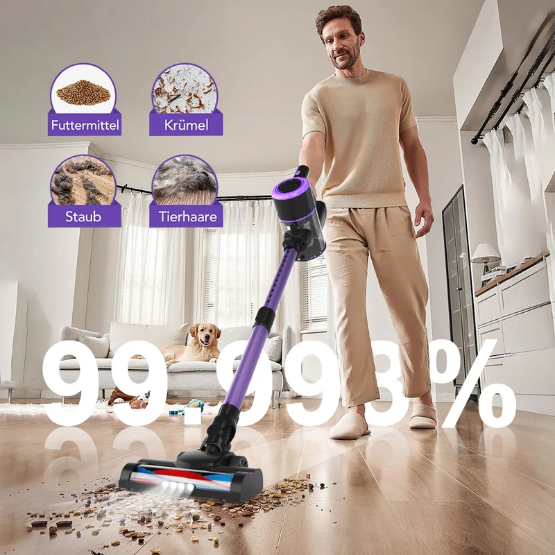 Akku Staubsauger, 500W/32000Pa Staubsauger kabellos mit HEPA ,45 Min, kabelloser Staubsauger,Anti-Tangle-Staubsauger