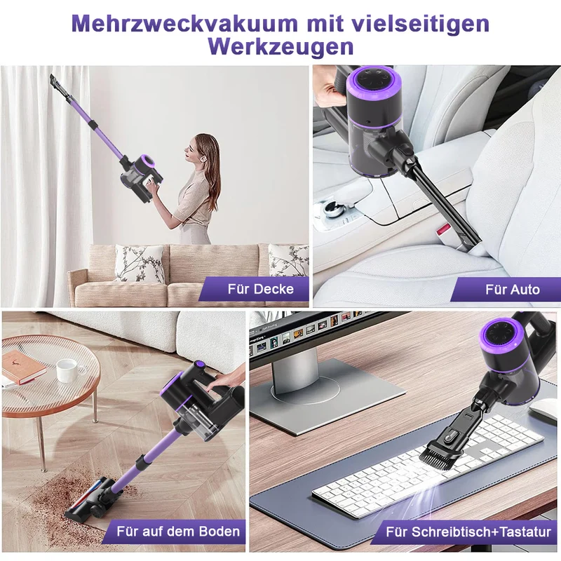 Akku Staubsauger, 500W/32000Pa Staubsauger kabellos mit HEPA ,45 Min, kabelloser Staubsauger,Anti-Tangle-Staubsauger