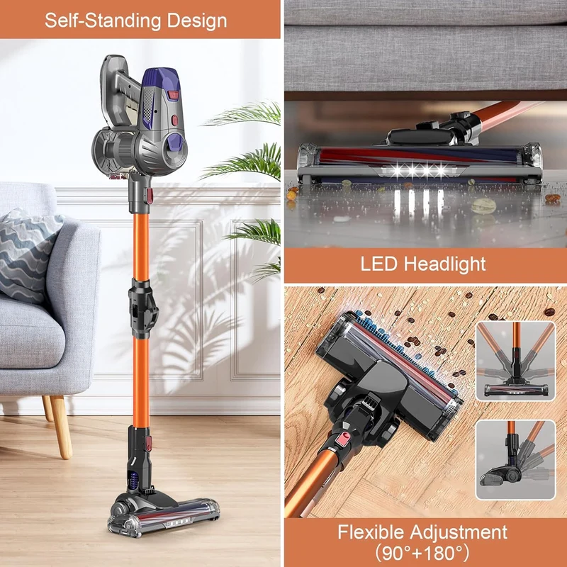 36000PA Akku Staubsauger,LED Staubsauger Kabellos,4-in-1 Kabelloser Staubsauger,2-Gang-Saugkraft,Faltrohr,50min, 0.8L, für Hartböden Teppich Tierhaare