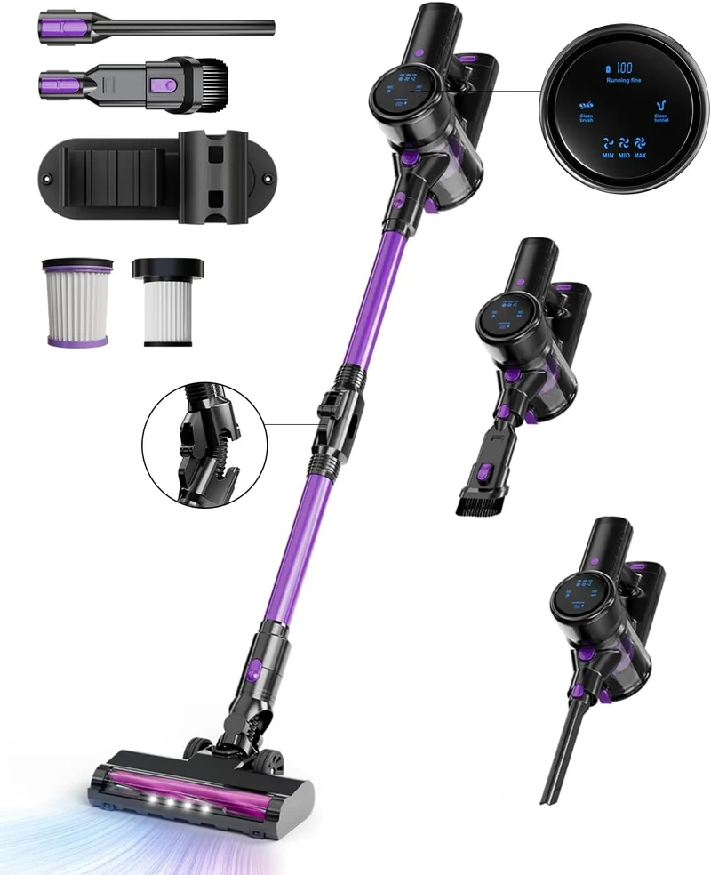 55000Pa/550W/65Min Staubsauger Kabellos, Akku Staubsauger SuperLeise, Handstaubsauger mit LED Display, Stabstaubsauger für Hartböden Teppiche, HEPA