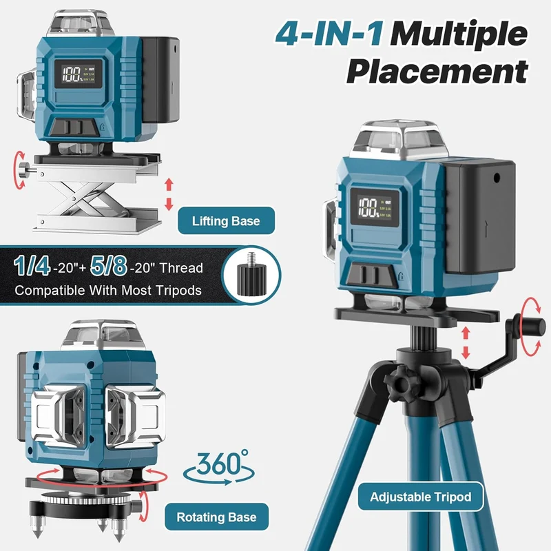 Kreuzlinienlaser profi 4D 16 Lines Laser Level 360º Rotary, LED-Anzeige, Automatische Kreuzlinienlaser mit 2x3,0Ah Batterie, IP54 Staub & Wasserschutz