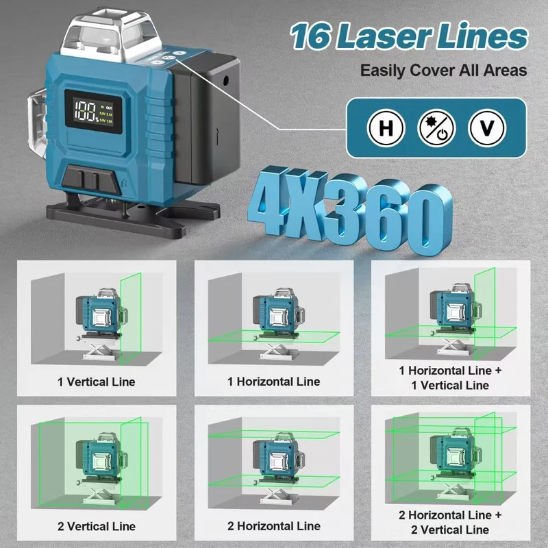 Kreuzlinienlaser profi 4D 16 Lines Laser Level 360º Rotary, LED-Anzeige, Automatische Kreuzlinienlaser mit 2x3,0Ah Batterie, IP54 Staub & Wasserschutz