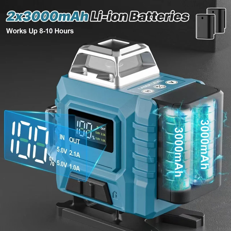 Kreuzlinienlaser profi 4D 16 Lines Laser Level 360º Rotary, LED-Anzeige, Automatische Kreuzlinienlaser mit 2x3,0Ah Batterie, IP54 Staub & Wasserschutz