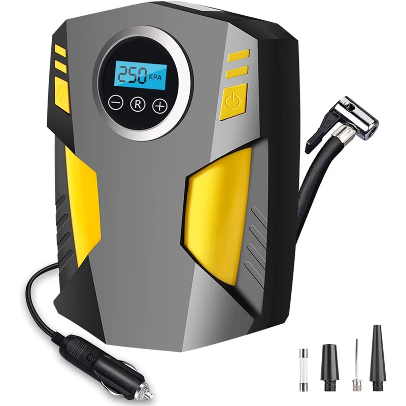 Luftkompressor Autoreifen 12V Netz, 10,3Bar Elektrische Luftpump, Digitaler Anzeige, LED-Leuchte Mini-Kompressor für Auto Fahrrad Bälle 4 Ventile