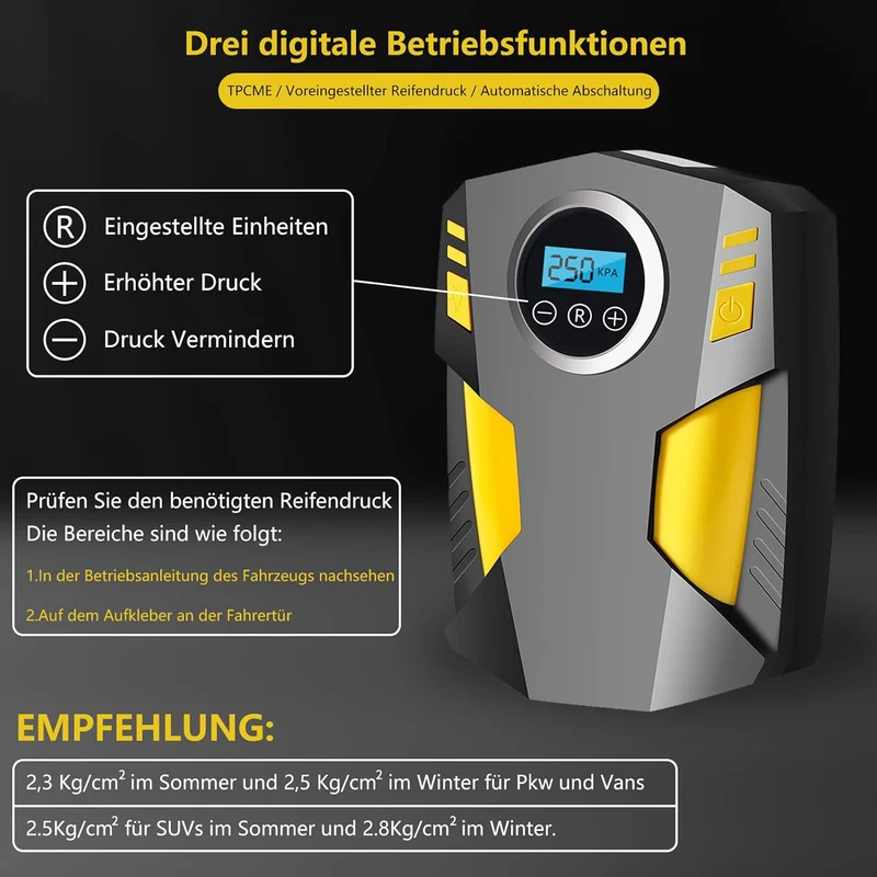 Luftkompressor Autoreifen 12V Netz, 10,3Bar Elektrische Luftpump, Digitaler Anzeige, LED-Leuchte Mini-Kompressor für Auto Fahrrad Bälle 4 Ventile