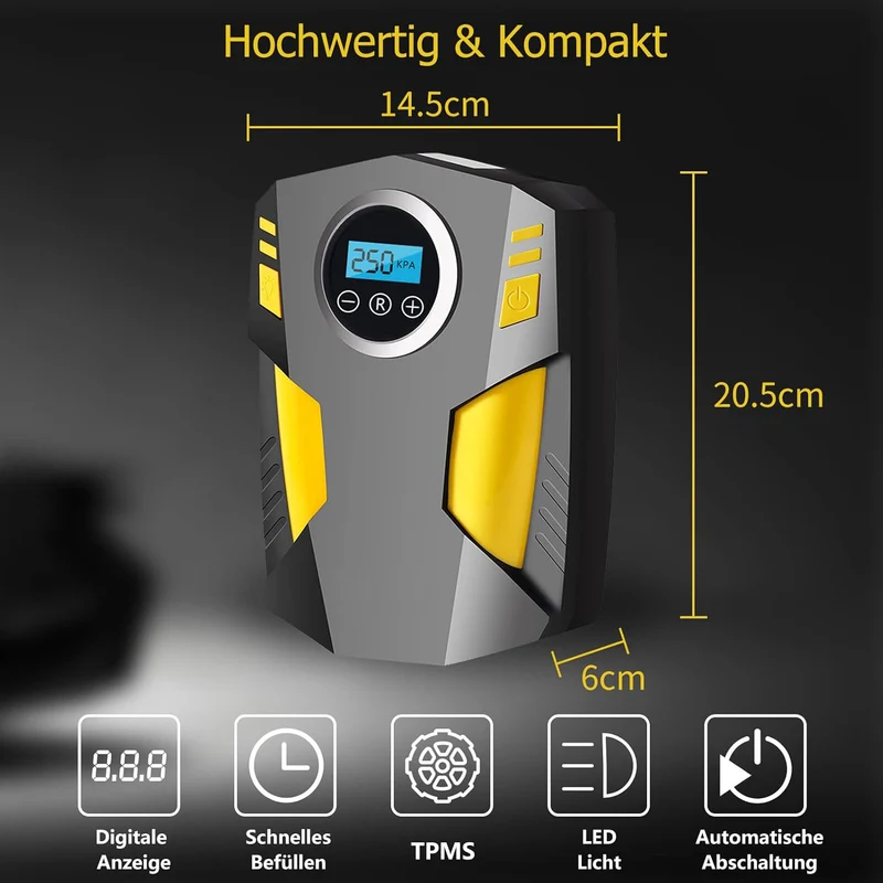 Luftkompressor Autoreifen 12V Netz, 10,3Bar Elektrische Luftpump, Digitaler Anzeige, LED-Leuchte Mini-Kompressor für Auto Fahrrad Bälle 4 Ventile