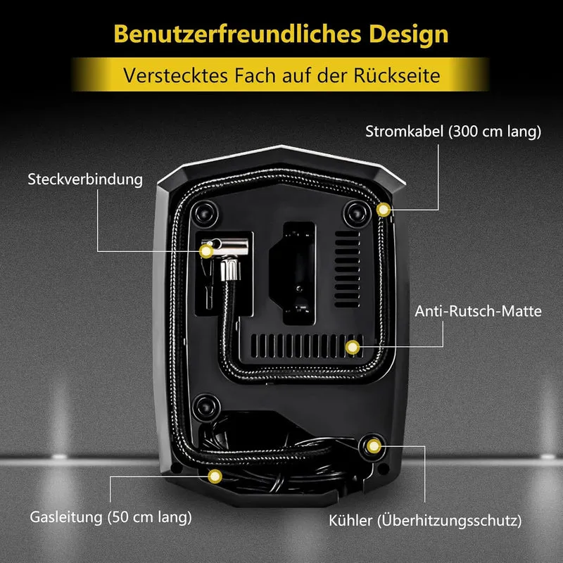 Luftkompressor Autoreifen 12V Netz, 10,3Bar Elektrische Luftpump, Digitaler Anzeige, LED-Leuchte Mini-Kompressor für Auto Fahrrad Bälle 4 Ventile