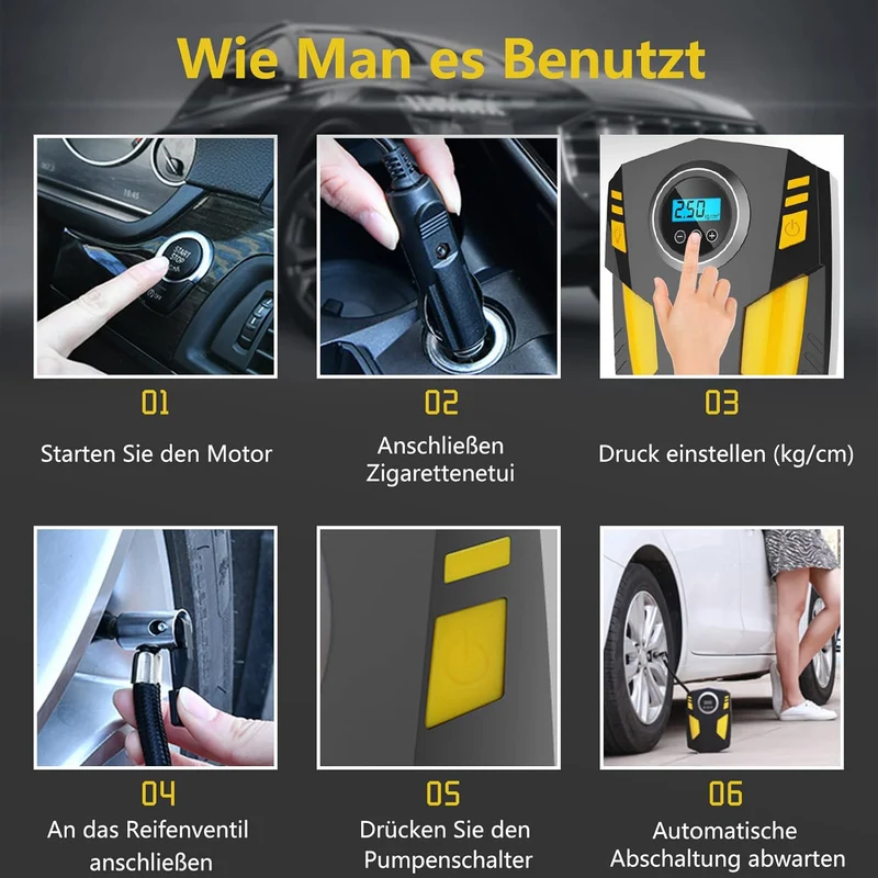 Luftkompressor Autoreifen 12V Netz, 10,3Bar Elektrische Luftpump, Digitaler Anzeige, LED-Leuchte Mini-Kompressor für Auto Fahrrad Bälle 4 Ventile