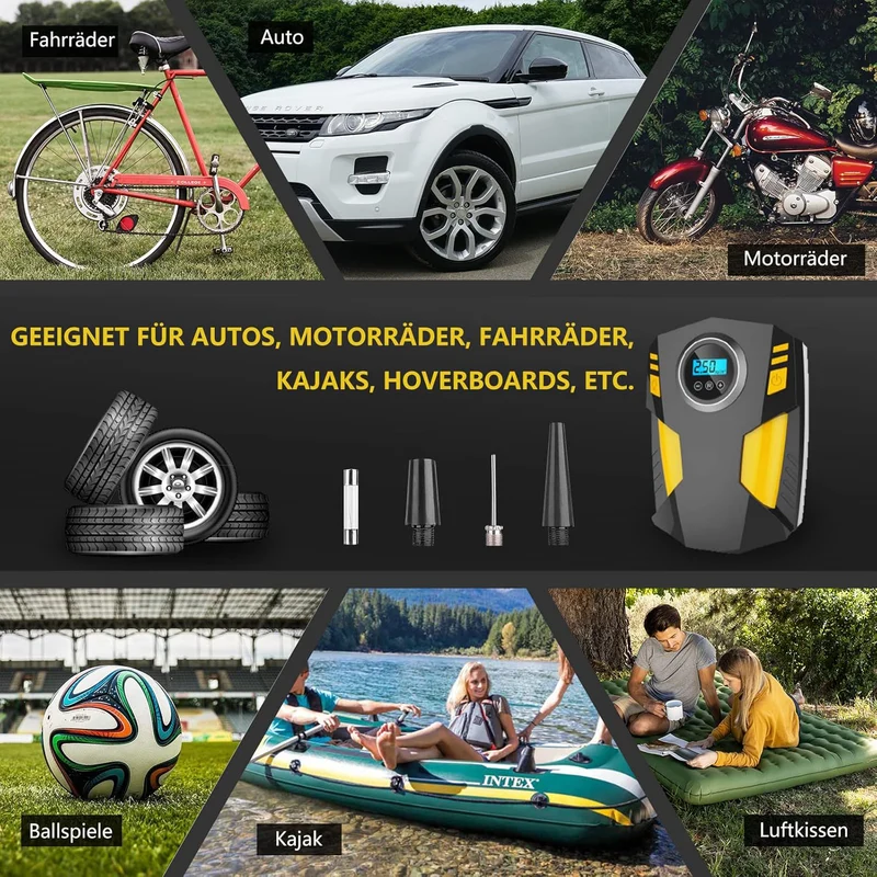 Luftkompressor Autoreifen 12V Netz, 10,3Bar Elektrische Luftpump, Digitaler Anzeige, LED-Leuchte Mini-Kompressor für Auto Fahrrad Bälle 4 Ventile
