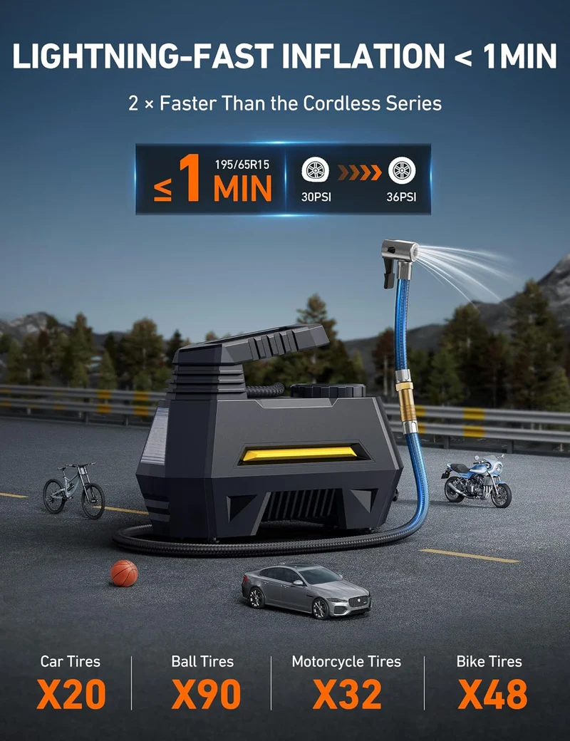 Autoluftpumpe, Elektrischer Luftkompressor, Tragbarer Kofferkompressor, Digitaler Anzeige, 12V Netz für Auto, Fahrrad, Motorrad, Ball, inkl. Zubehör