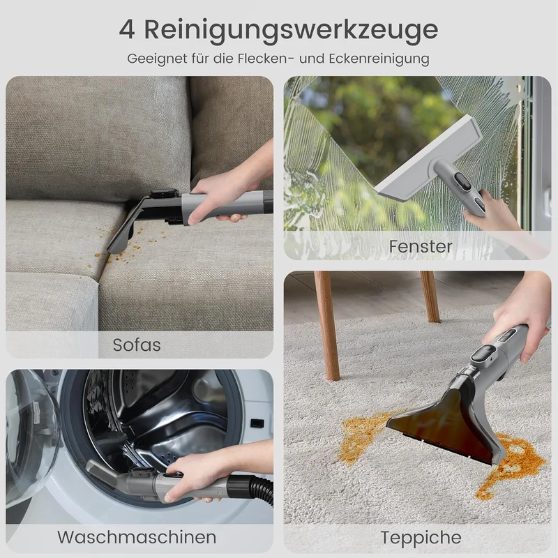 Waschsauger Polsterreiniger Teppichreiniger, 16KPA Sauger tragbar, 600W Nass-/Trockensauger, Fleckenreiniger Reinigungsgerät, mit Zubehör, Dualtank