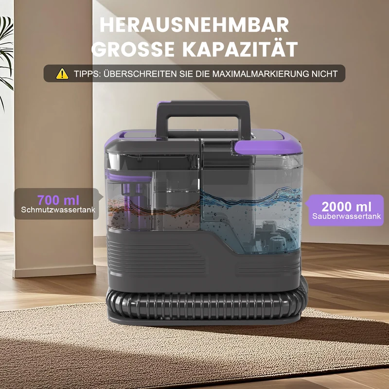 Polsterreiniger & Waschsauger mit Selbstreinigung, 450W Nass-/Trockensauger – 2L Tank, 10Kpa Saugleistung, Teppichreiniger für Sofa, Auto & Flecken