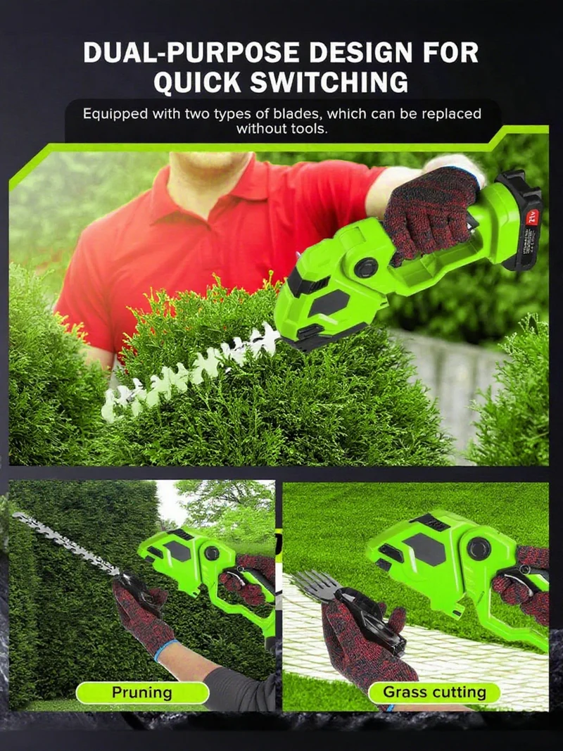 2-in-1 Akku Heckenschere & Grasschere mit 2 Akkus und Ladegerät, Doppelte Klinge – Leicht, Sicher, Kabellos –für Rasen, Sträucher, Gartenarbeiten,Grün